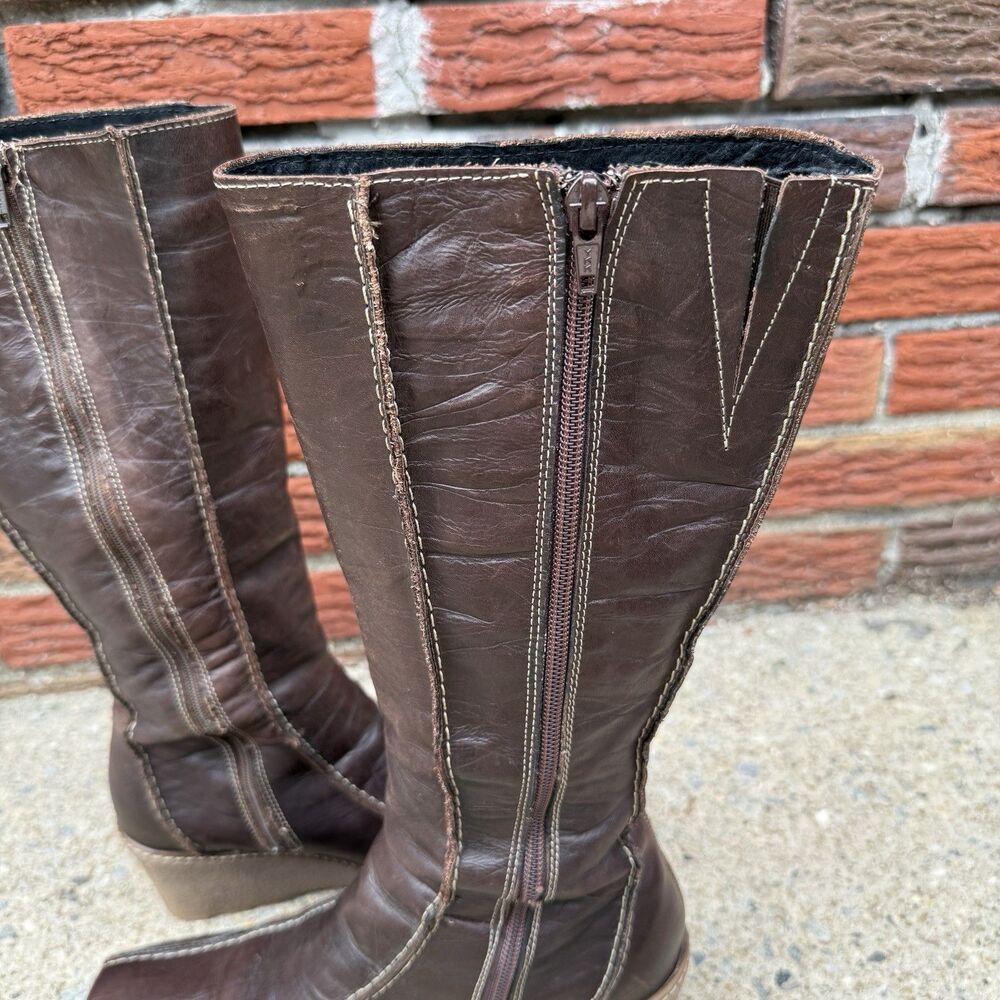Vintage Brown Leather Wedge Boots Womens IT 39 US 8.5 Knee High Square Toe Y2K - Picture 9 of 15